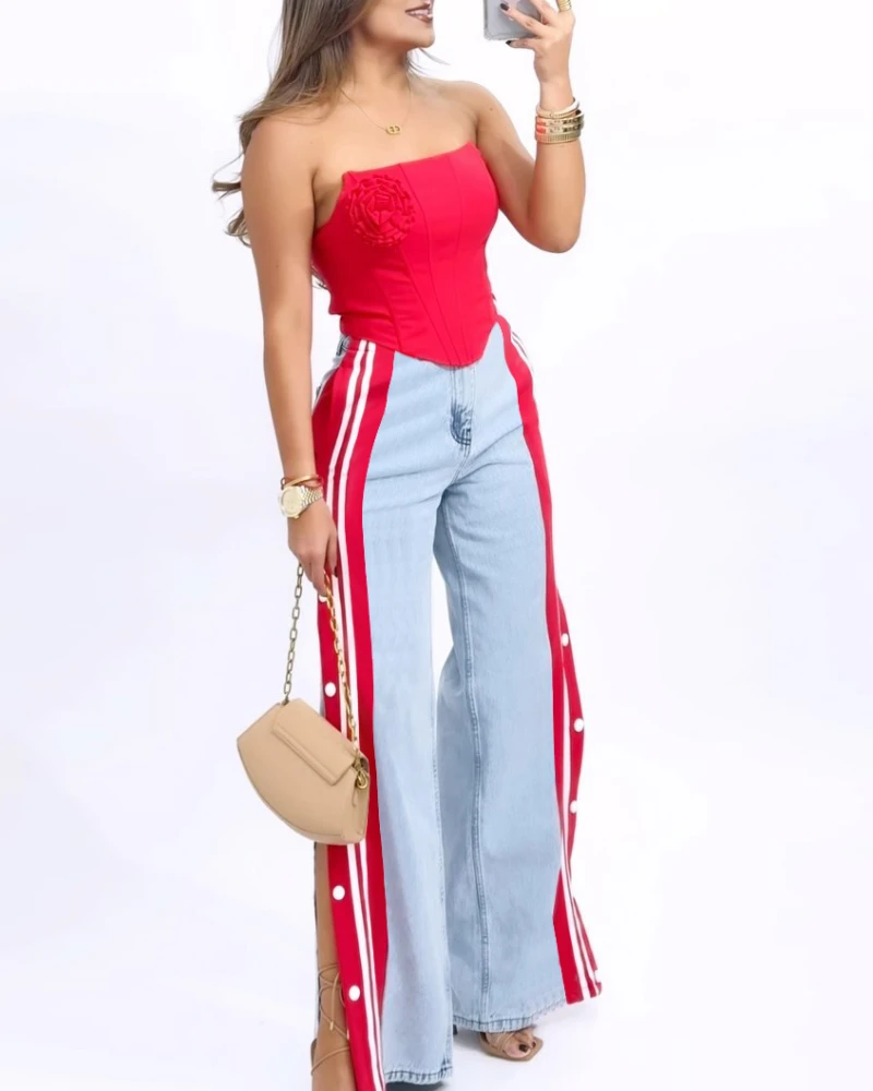 Street Women's Striped Jeans Temperament Commuting Female Clothing New Fashion Patchwork Button Design Straight Wide Leg Pants