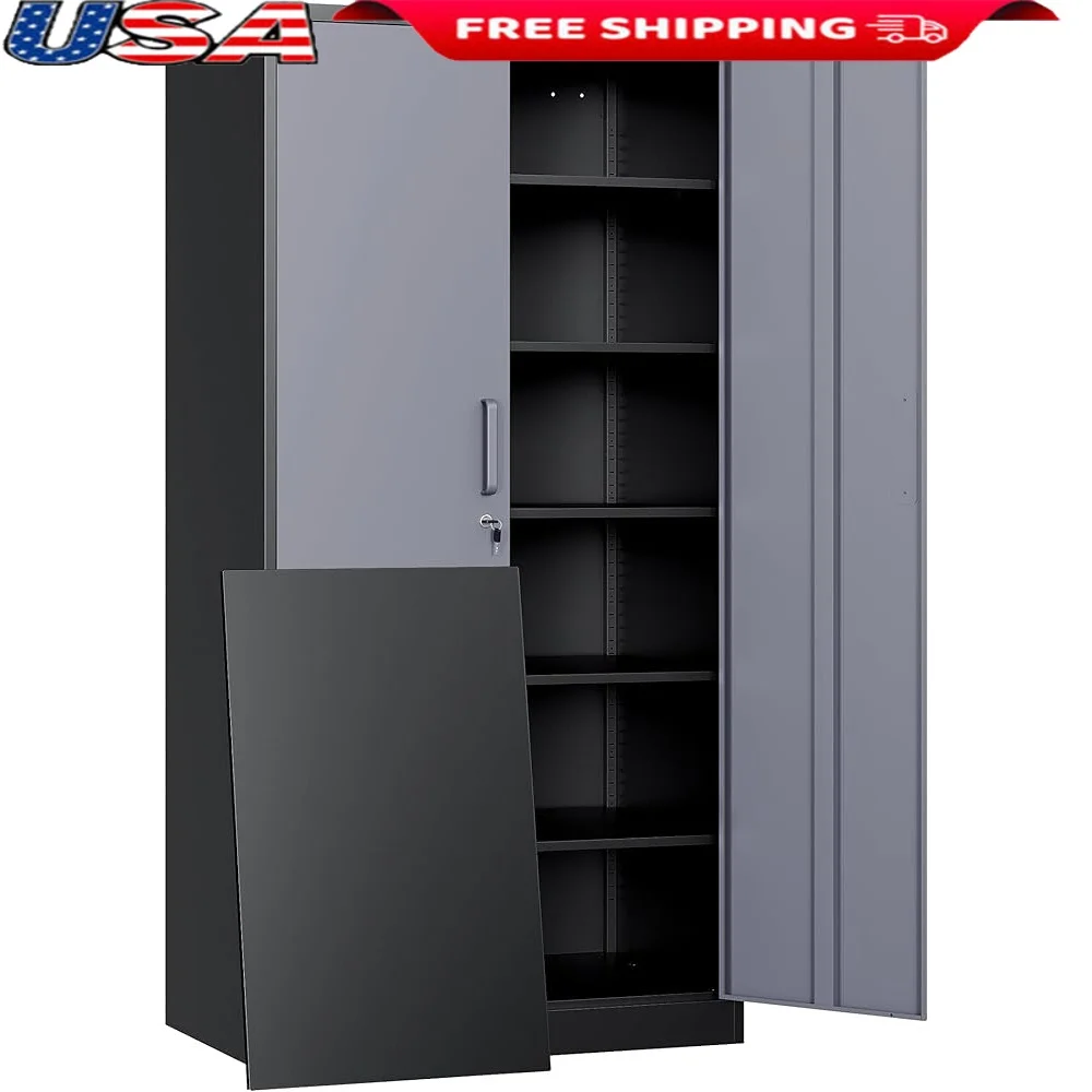 

Metal Storage Cabinet Lockable Doors 5 Adjustable Shelves Heavy Duty Steel Garage Office Organizer Tool File Storage Unit