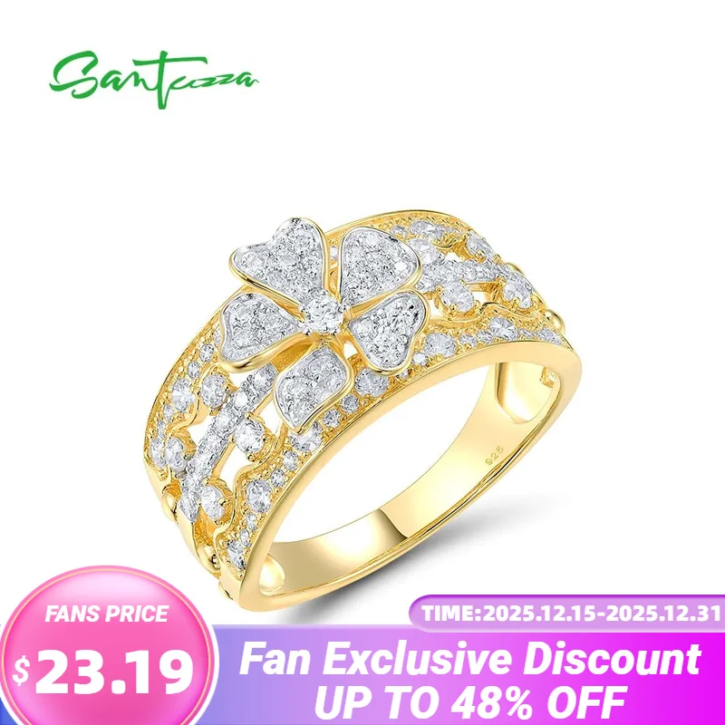 

SANTUZZA Genuine 925 Sterling Silver Rings For Woman Sparkling White Cubic Zircon Elegant Flower Wedding Enagement Fine Jewelry