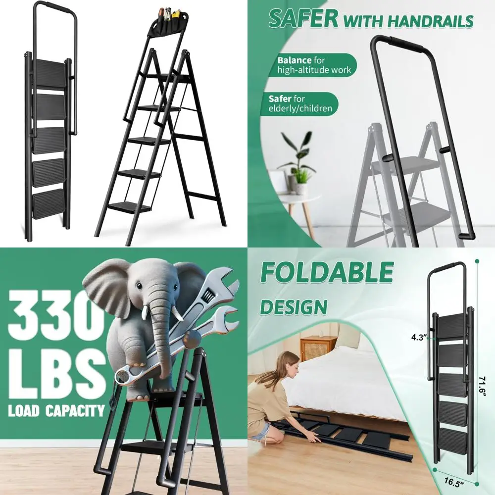 

Heavy-Duty Folding Ladder with Removable Tool Bag, 330lbs Capacity, Easy to Use for Home, 5-Step Ladder with Handrails