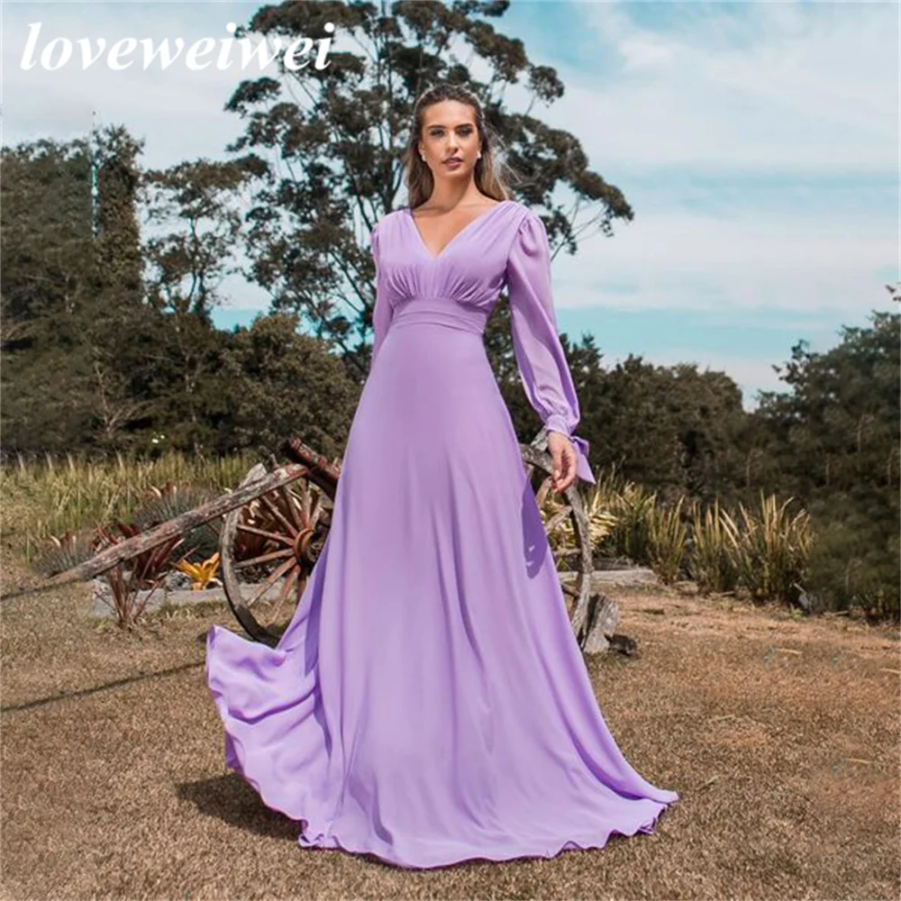 Loveweiwei Chiffon Lila Abendkleider Mit Langen Ärmeln V-ausschnitt Abendkleid Einfache Falte Prom Kleider Kleid vestido de festa