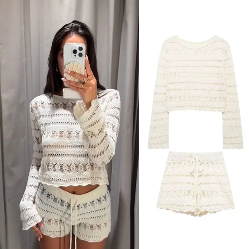 Greatguy Women Crochet Top Shorts Set coordinato moda femminile scava fuori Top lavorati a maglia pantaloncini con coulisse con fiocco abiti Chic da