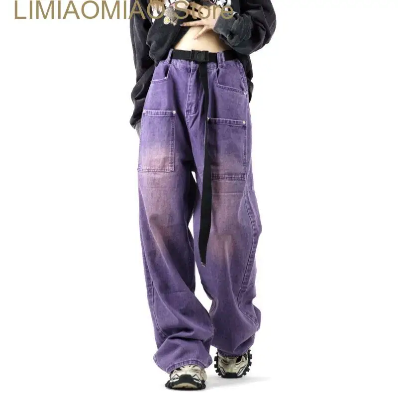 New Wide Leg Pants Denim Purple Straight Retro Ankle Length Cargo Jeans Loose Washed Distressed Pockets Zipper Women