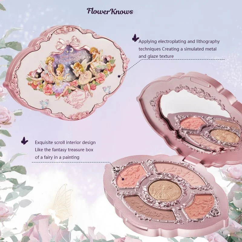 Flower Knows Midsummer Fairytales Embossed Five Color Pressed Glitter Eye Shadow Natural Shimmer Pigment Eye Shadow Pallete