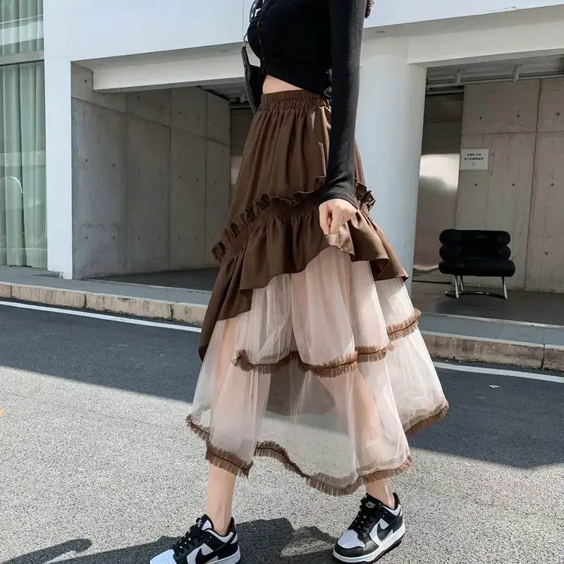 Wedbleser French Style Fairy Half Skirt Women Spring Autumn High Waist Medium Length Irregular Mesh Slimming A-line Long Skirt