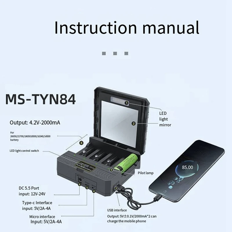 A25F-18650 충전기 태양광 리튬 배터리 스마트 충전기 Type-C 4슬롯 다기능 실외 충전기