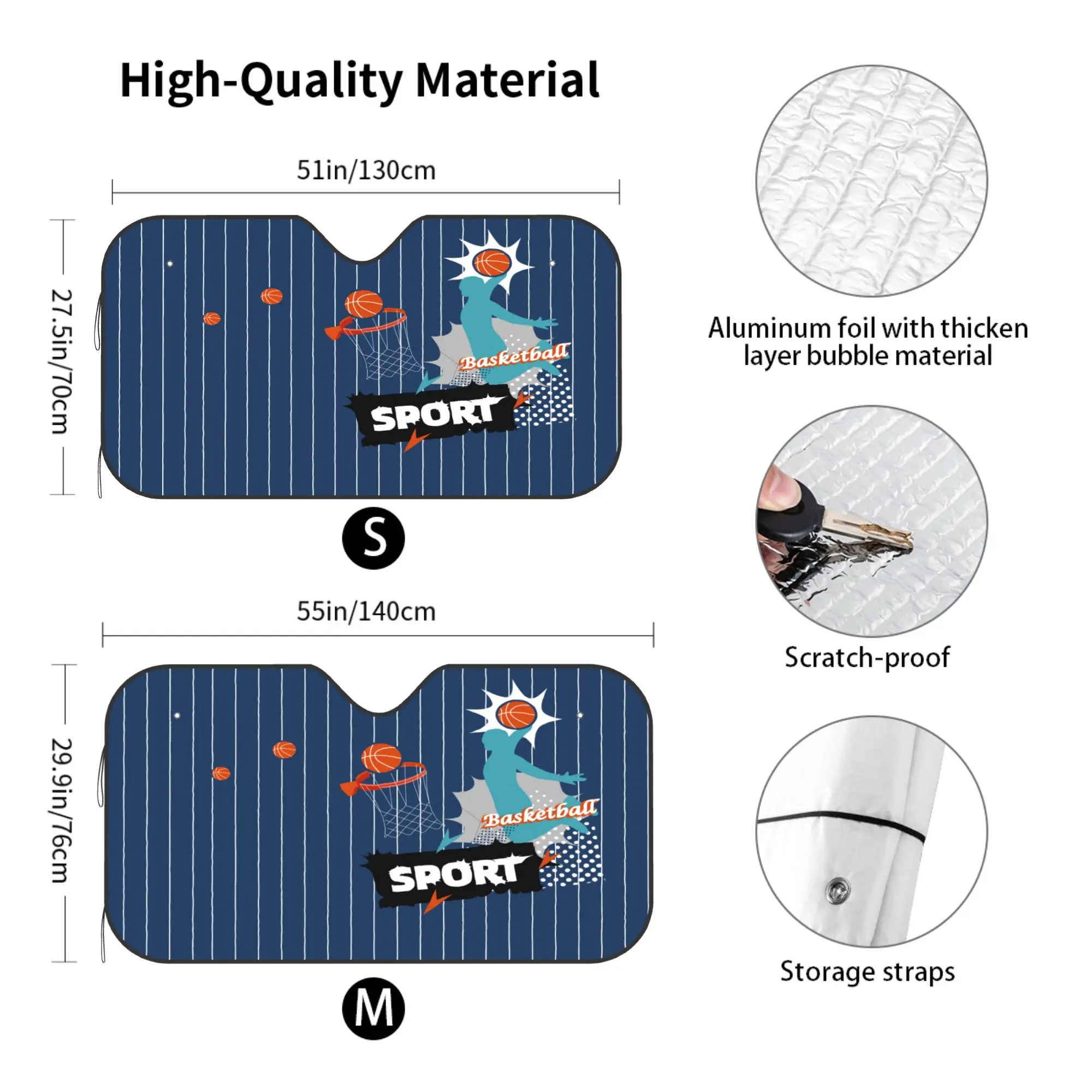 Basketball Sport Car Windshield Sun Shade, Heat Reflective Aluminum Foil Auto Sun Visor for UV Protection and Cooling