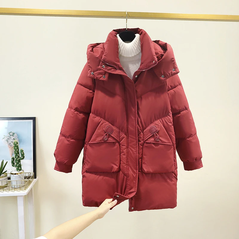 

Женское хлопковое пальто свободного кроя средней длины Thiened down со съемной кепкой, осень-зима, новинка, большие размеры, корейский Sle