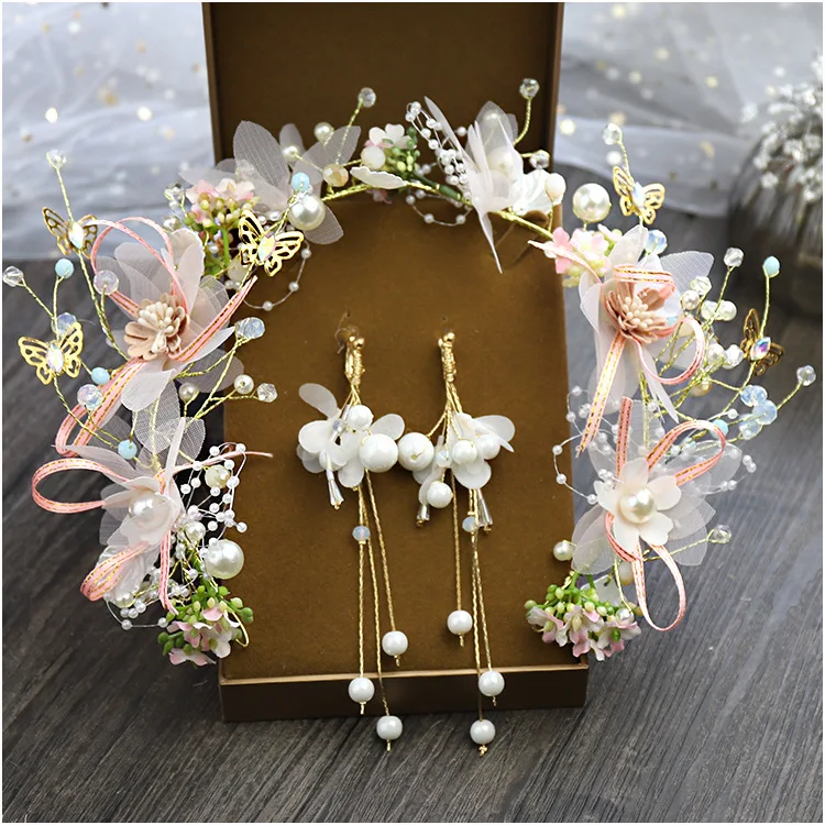 1set Flower Earrings Garland Floral Bride Headband Hairband Wedding Party Prom Festival Hair Head Bands Headwear Accessories