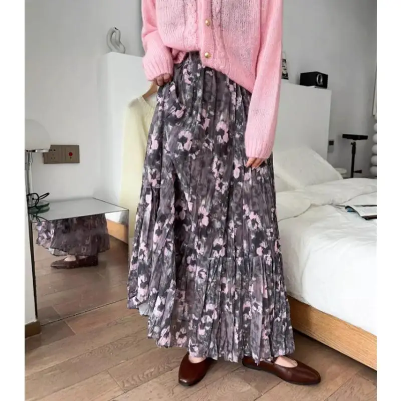 

Dimanaf Summer 2024 Women Long Skirts Elastic Waist Design Floral Grey Vintage Elegant Loose Lace Purple Red Skirts