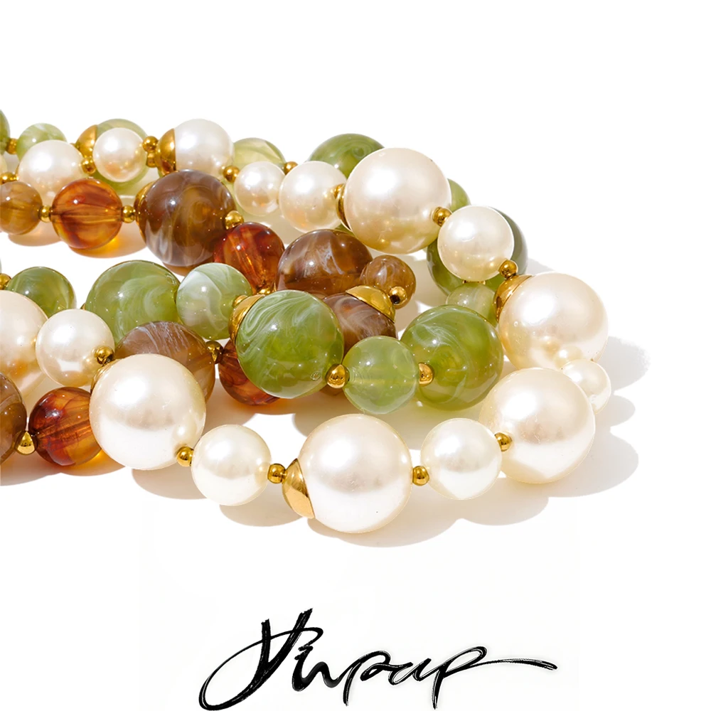 Yhpup nouveaux bijoux faits à la main résine perles simulées perles rondes chaîne collier de déclaration accessoires en acier inoxydable