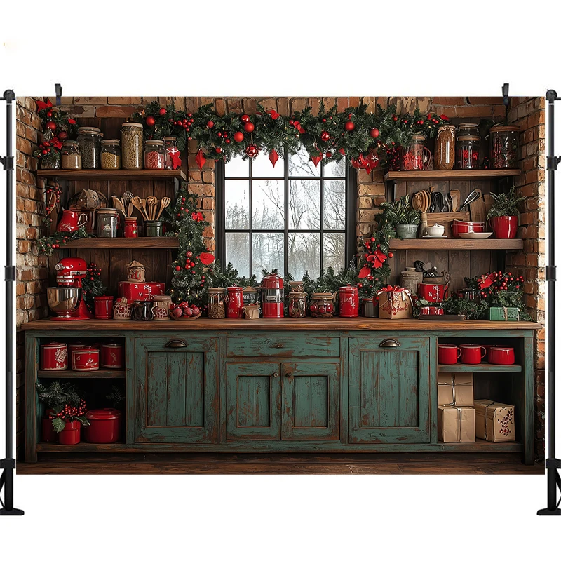 LS Winter Christmas Photography Background Kitchen Cook Window Xmas Trees Kids Family Portrait Decor Backdrop Photo Studio