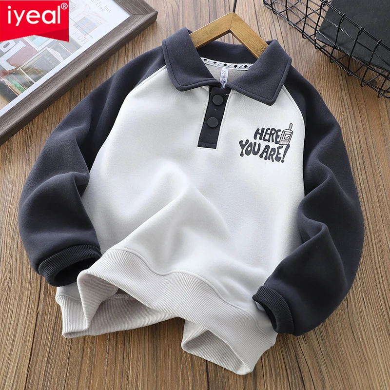 

IYEAL Children's Fleece Sweatshirt 2024 Autumn/Winter New Boys' Polo Shirt Cartoon Teenage Boy Thickened Sweatshirt