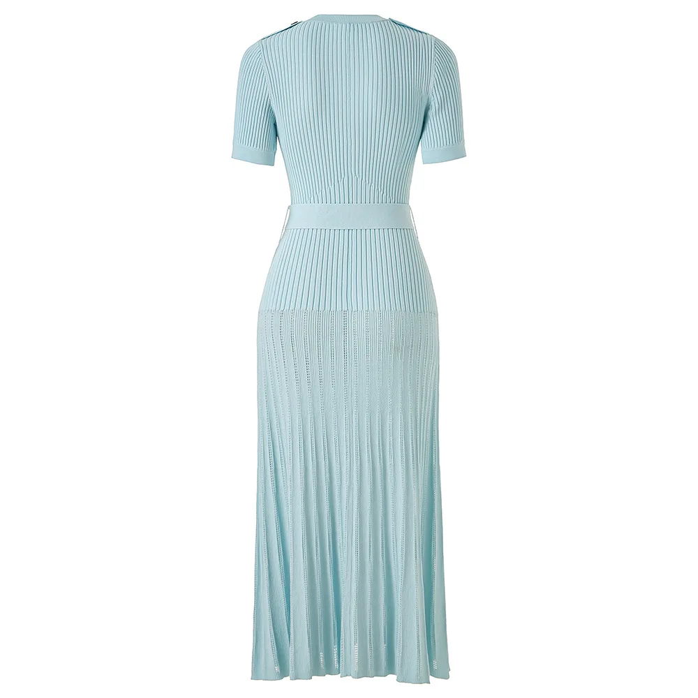 ZJYT 여름 패션 긴 니트 스웨터 드레스 여성 디자이너 짧은 소매 레이스 우아한 슬림 맞는 파티 휴일 드레스 블루