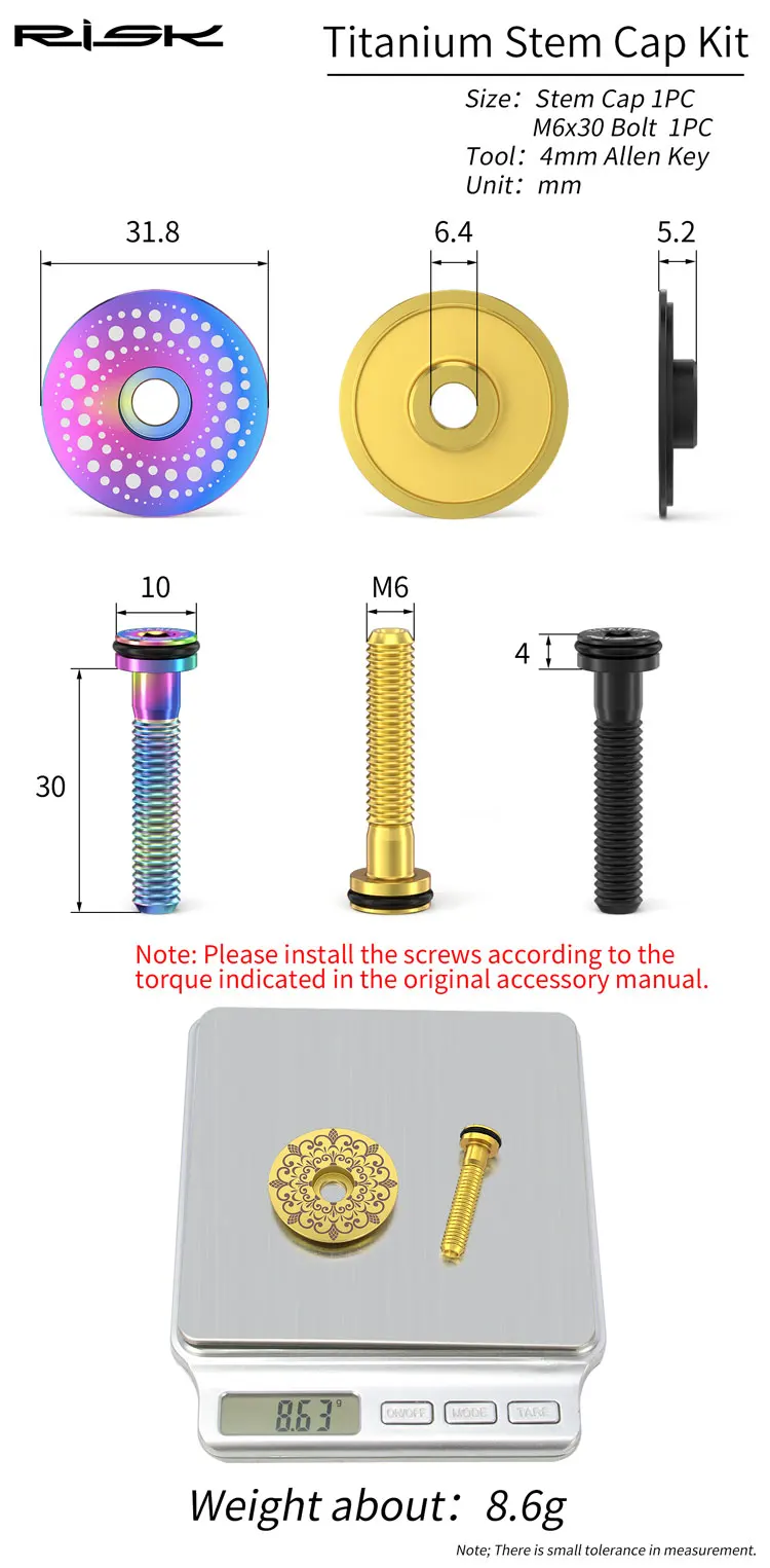 Risiko Fahrrad Titan legierung Headset Vorbau obere Kappe Abdeckung m6x30 Schraubens ch raube für Vorderrad gabel Steuerrohr 1 1/8mm (28,6 ") gewinde los – Detail 2