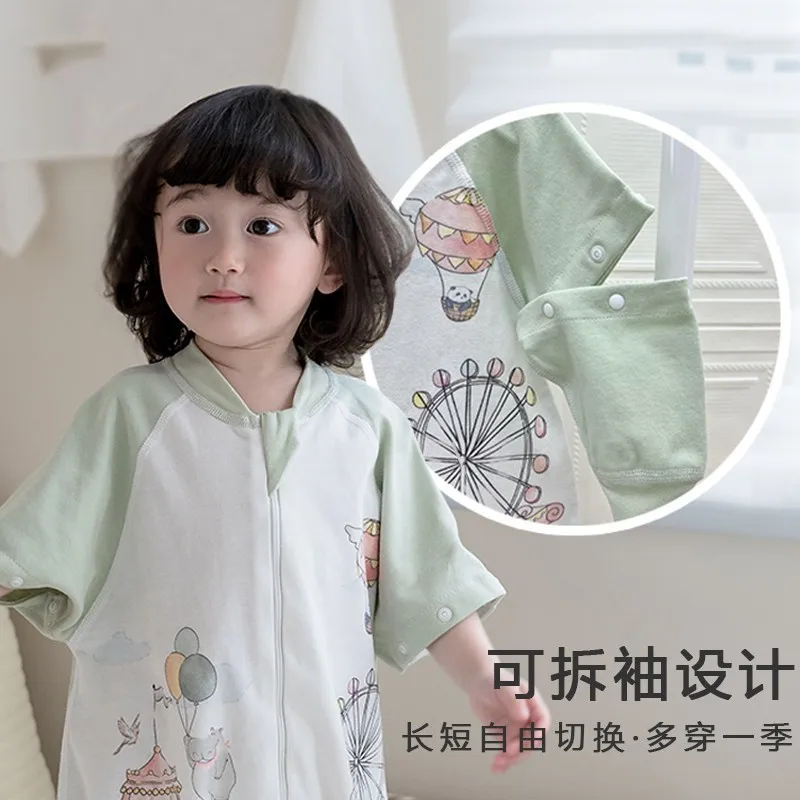 Baby pure cotton split leg sleeping bag, spring and summer detachable sleeves, anti kick, baby jumpsuit, boneless sewing