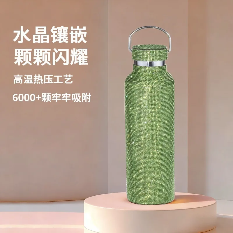 Rhinestone Studded Stainless Steel Water Bottle With Chain Strap Portable Insulated Sports Drink Flask