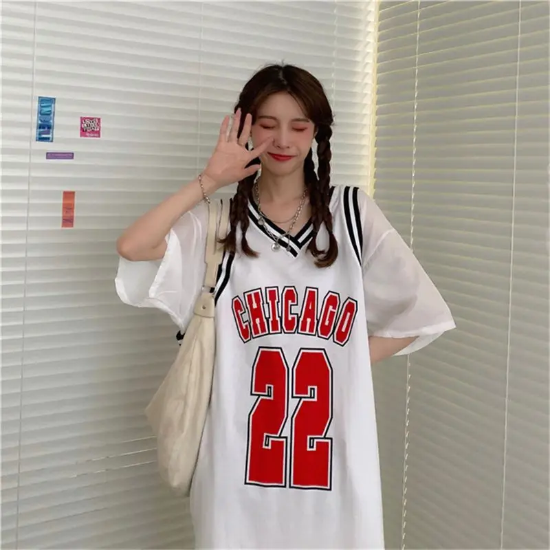 Nice Summer Oversized Street Casual Patchwork O-neck Short Sleeve Tshirt Dress Female Trend Letter Loose Mid Length Top Thin Tee