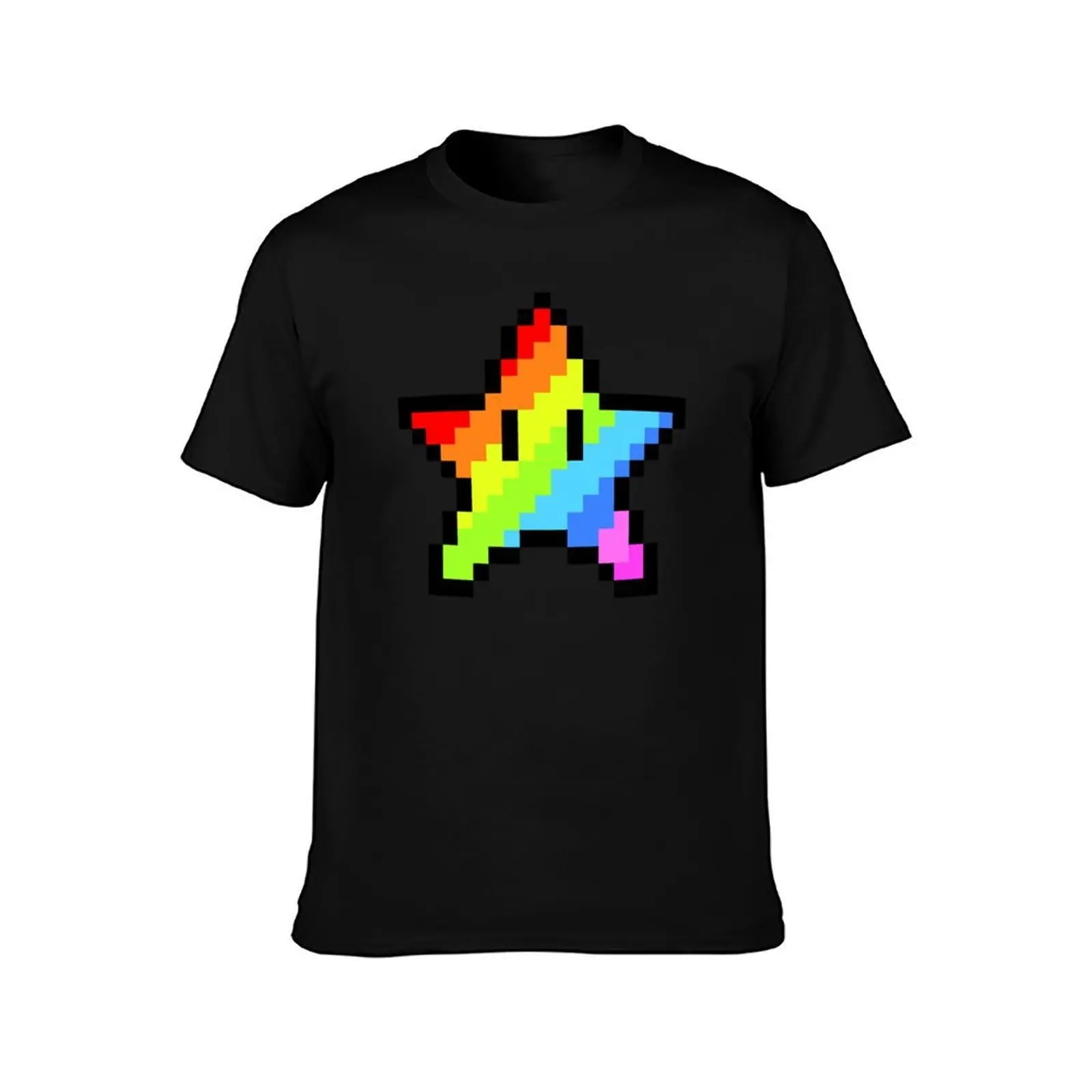 Pixel Rainbow Star T-Shirt, Summer Casual Cotton Tee, Oversized Streetwear Tops, Vintage Graphic Print, Loose Fit Short Sleeve
