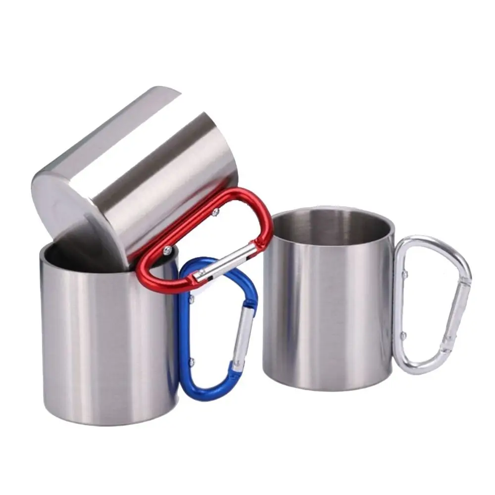 Stainless Steel Outdoor Camping Cup 220ml Portable Coffee Mug with Carabiner Handle Smoothly Cup Mouth Sports Cup Office