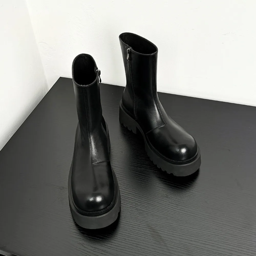 Men's Trendy Chunky Boots Mens Leather Short Ankle Chelsea Boot Fashion Round Toe Thick Sole Heightened Shoes for Men