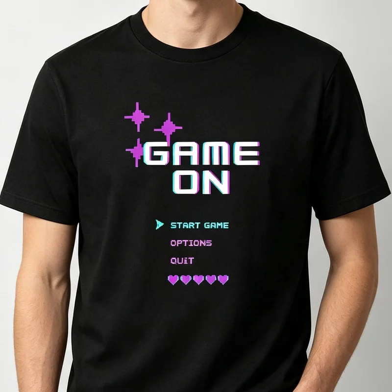 Game On Pixel Neon Retro Game Menu Graphic T-shirt Men Arcade Gamer Tee Start Game Screen Streetwear Casual Cotton Short Sleeve