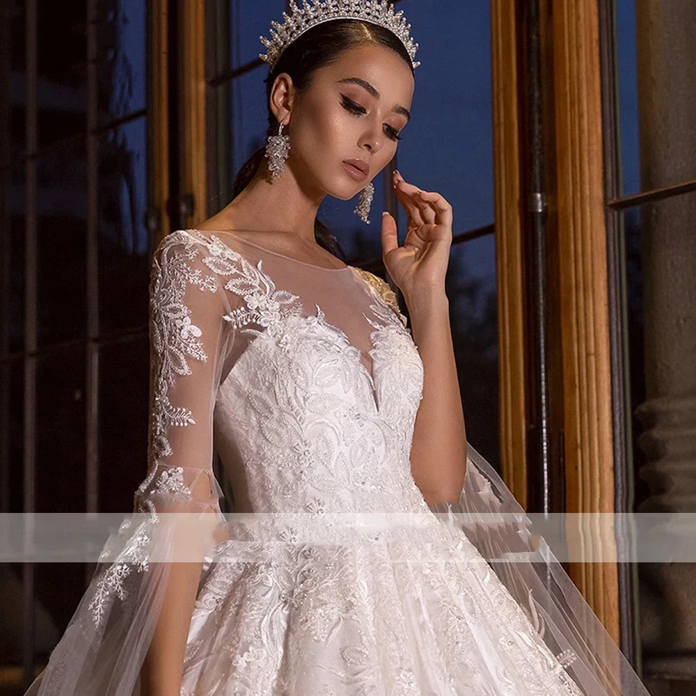 Customized Luxury A-shaped Bridal Ball Dress Low Round Neck Lace Long Sleeve Wedding Dress Church Pattern Floor length Robe
