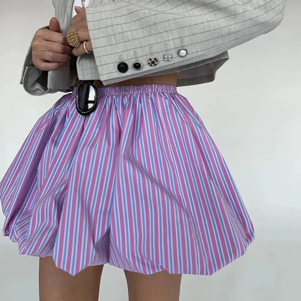 

Women's High Waist Pleated Mini Skirt European American Style French Balloon Skirt Striped Design Summer Autumn New