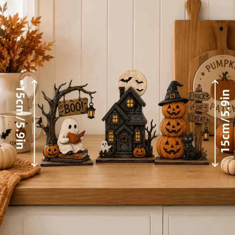 6/3 Stück Retro-Halloween-Holz-Dekoration für den Innenbereich, Retro-Holzblöcke, geeignet zur Dekoration von Regalen, Geister, Kürbisse. – Detail 6