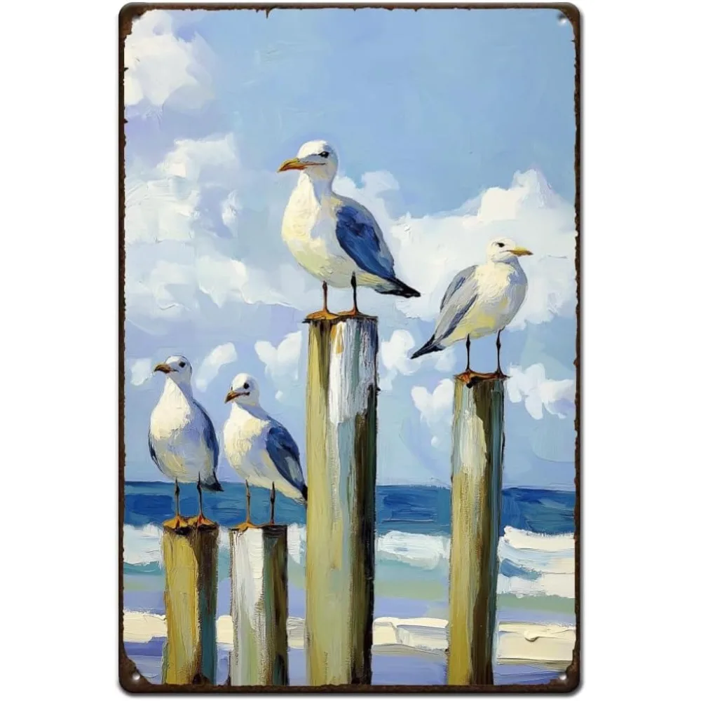 Vintage Seagull Coastal Scene Blechschild aus Eisenmetall, 20,3 x 30,5 cm, rustikale Wanddekoration, Plakette für Wohnzimmer, Küche