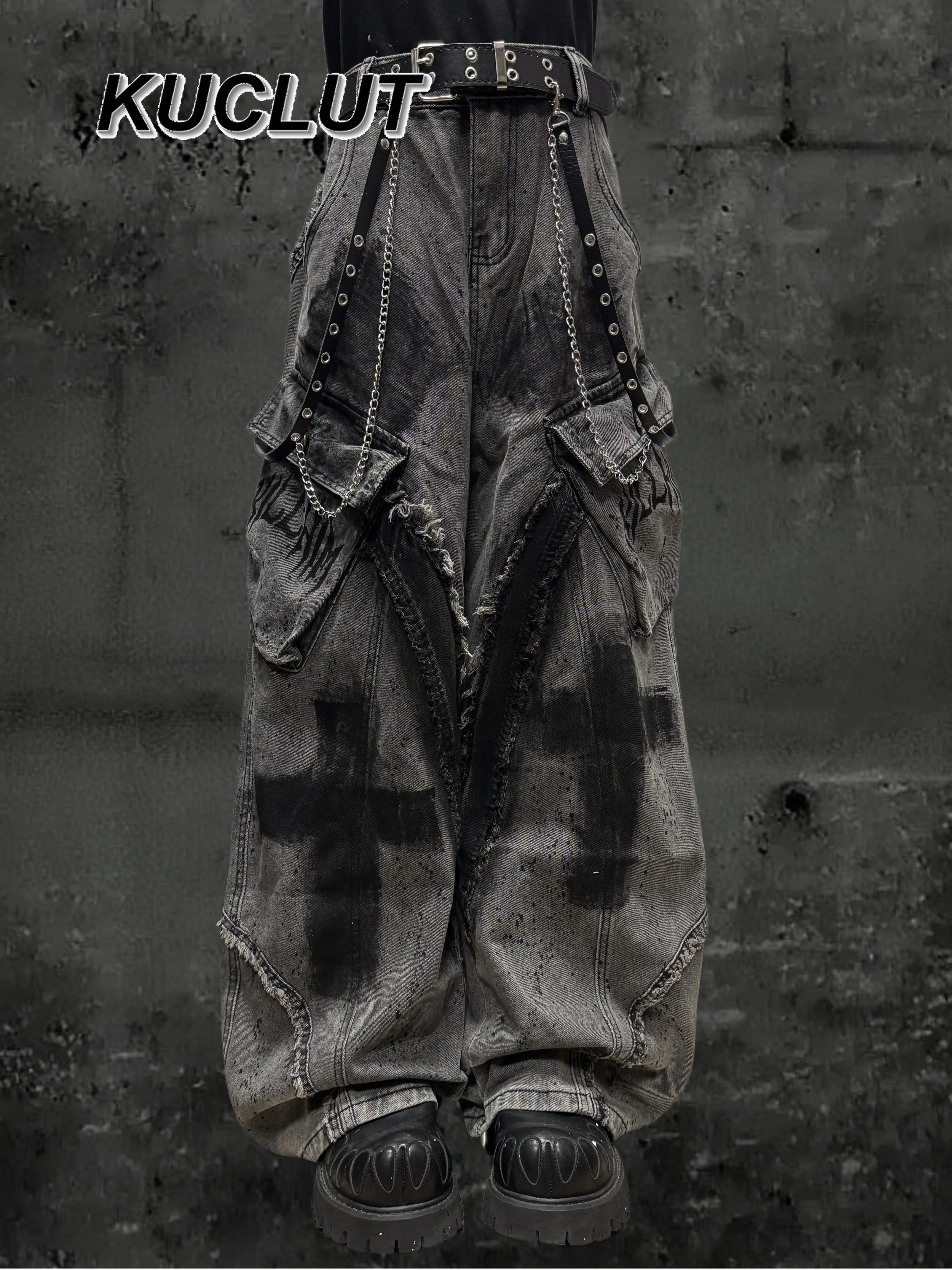 السيدات بناطيل كاجوال شارع العليا نمط القفار المتوترة فضفاض الدينيم الجينز للنساء Y2K رسمت باليد الكتابة على الجدران واسعة الساق السراويل #1