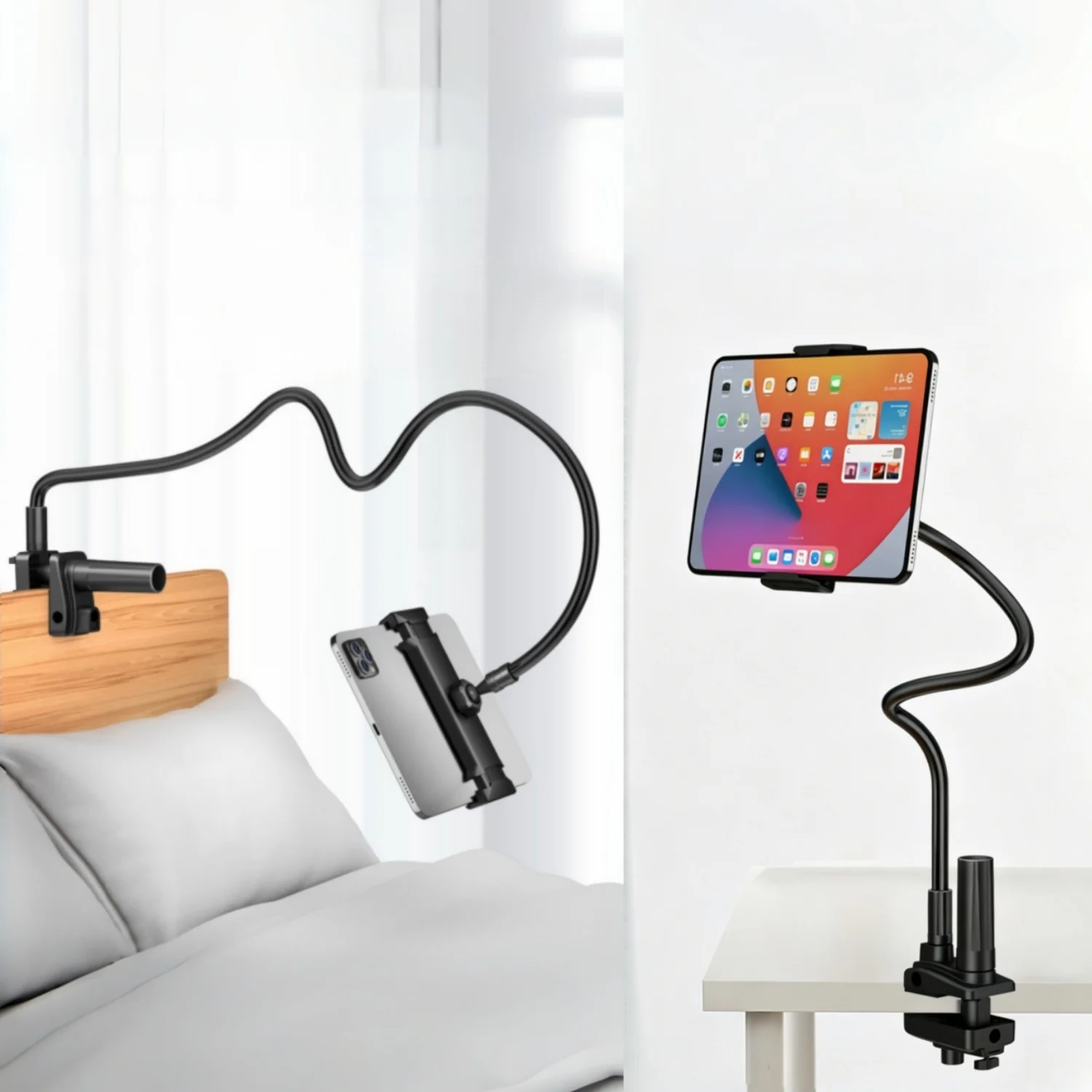 Heavy-Duty Bed Desk Lazy Phone Tablet Stand for 5-13 Inch Device Clamp Mount 360° Rotating Flexible Gooseneck Stable Holder