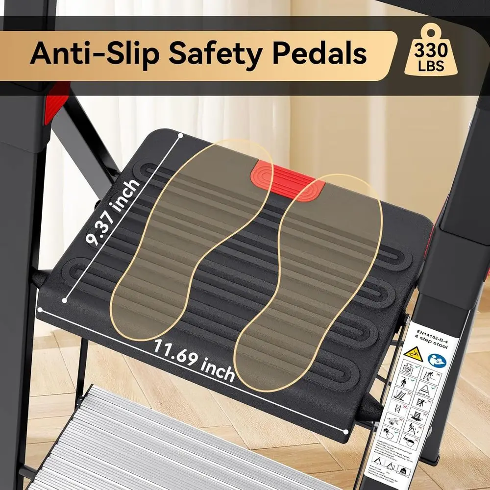 سلم محمول قابل للطي مع صينية أدوات، دواسات ألومنيوم غير قابلة للانزلاق، يدعم 800 رطل للمنزل والمطبخ واستخدام المرآب #4