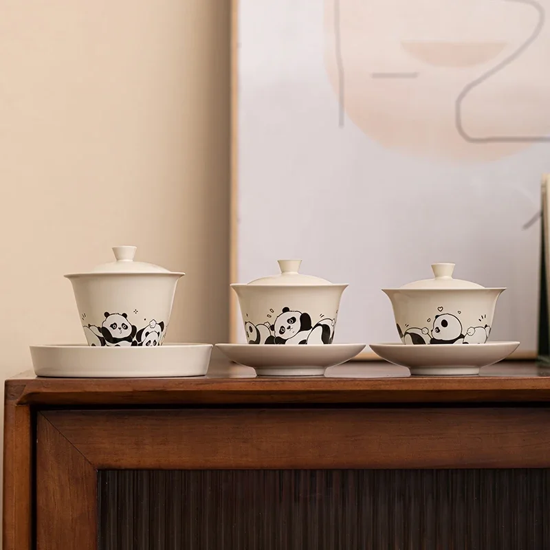 Chinese Retro Ceramic Gaiwan Handmade Panda Pattern Tea Bowl Household Beauty Tea Infuser Teacup Travel Portable Teaware