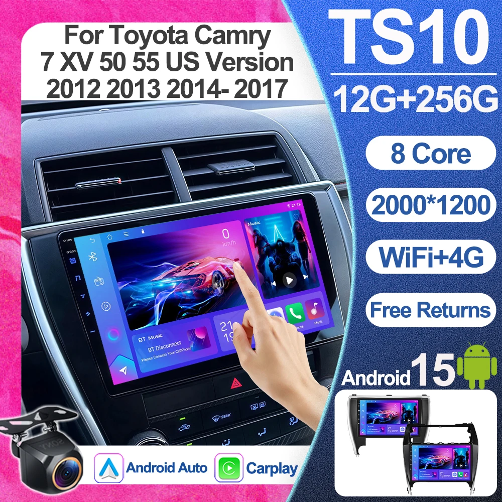 Автомобильное радио Android 15 для Toyota Camry 7 XV 50 55, американская версия 2012 2013 2014-2015 2016 2017, Carplay Auto 2DIN QLED, головное устройство WIFI