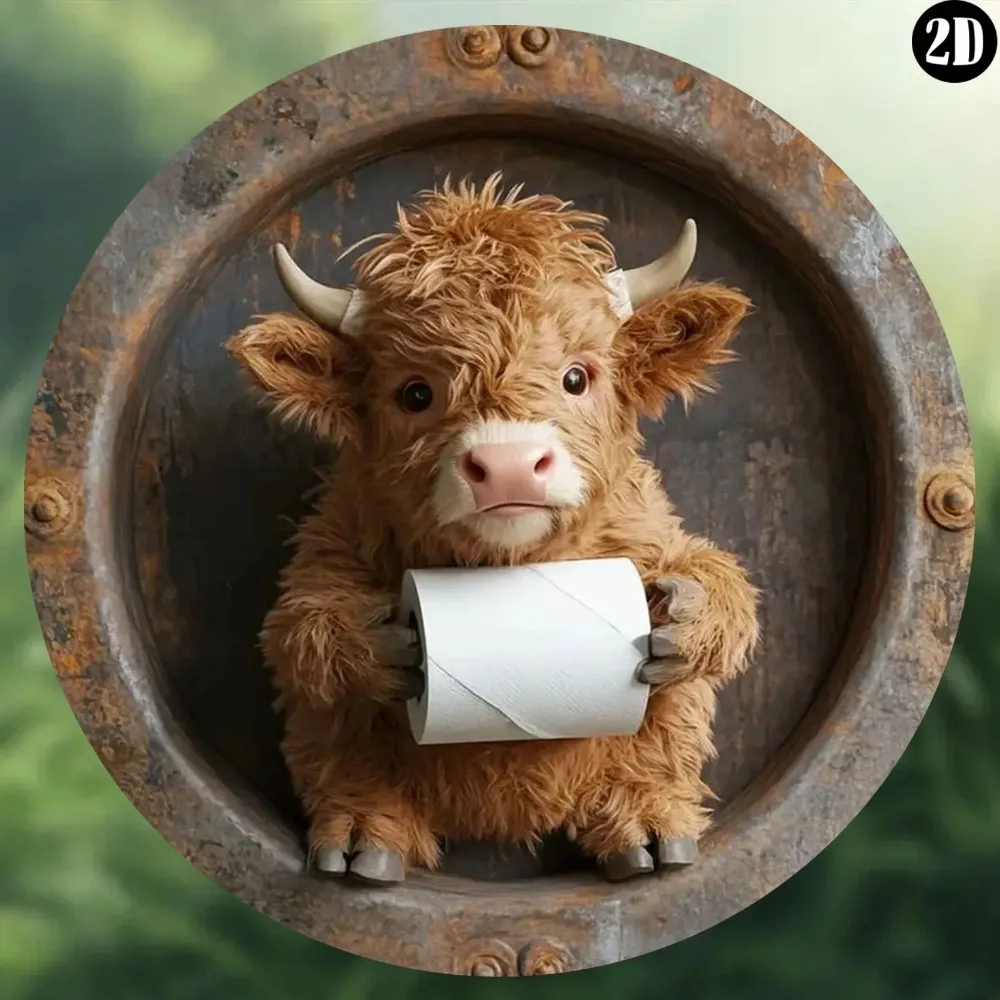

[Brand] Humorous Cow Bathroom Sign, Retro Round Metal Wall Art Decor for Home Bathroom