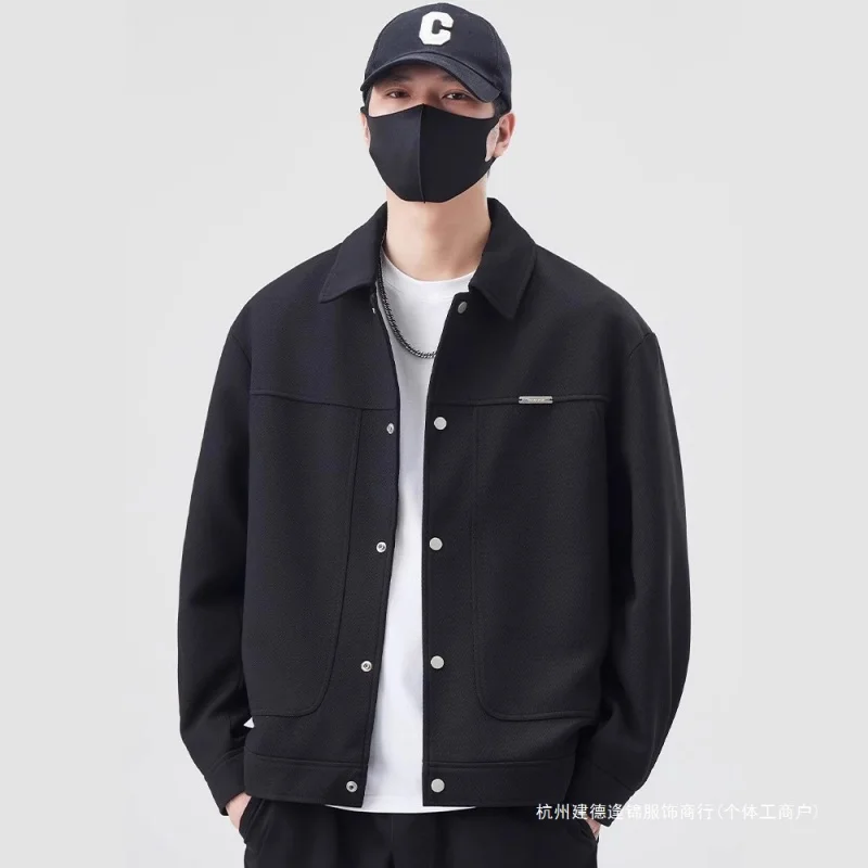 

Turn-Down Collar Men Autumn New Solid Color Minimalist Trendy Versatile Executive Men Spring Autumn Top