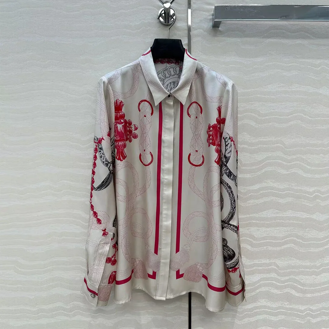 

2025 New Autumn Vintage 100% Silk Shirt Women Gray Lapel Long Sleeve Rope Tassel Print High Quality Casual Loose Blouse