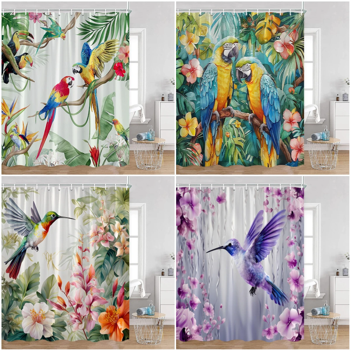 

Birds Shower Curtains Parrots Hummingbird Tropical Plant Leaves Flowers Botanical Bathroom Curtain Modern Polyester Bath Curtain