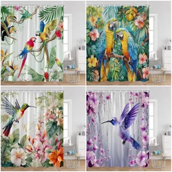 Birds Shower Curtains Parrots Hummingbird Tropical Plant Leaves Flowers Botanical Bathroom Curtain Modern Polyester Bath Curtain