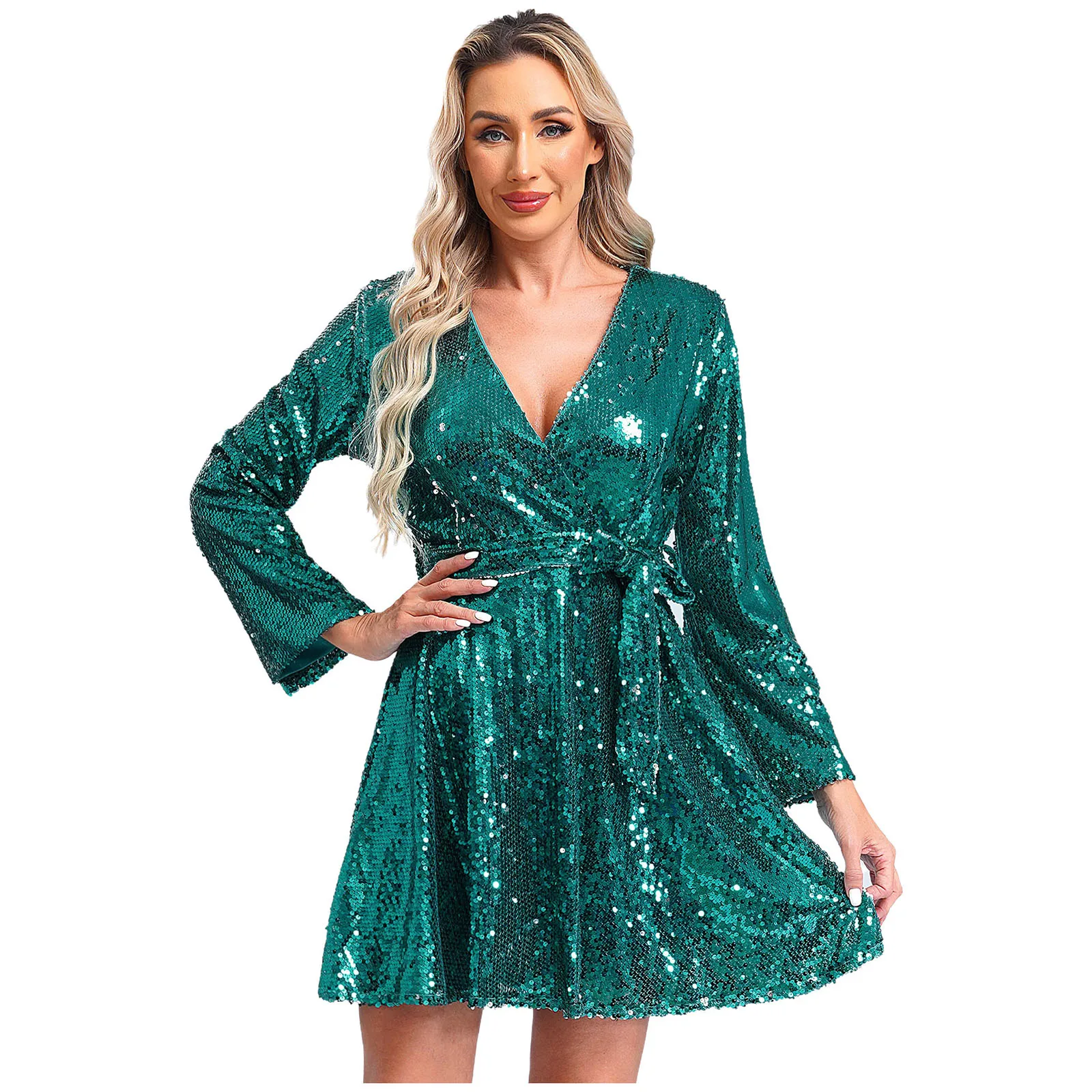 Vestido De mujer a la moda para discoteca, Vestido De Fiesta con cuello en V, vestidos De lentejuelas, Vestido De manga larga para cóctel, bata De noche