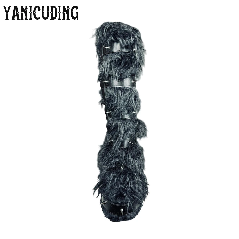 Fuzzy Monster Wedge Boots Belt Buckle Platform Furry Boots Metallic Studded Punk Style Knee-High Boots Faux Fur Warm Winter Boot