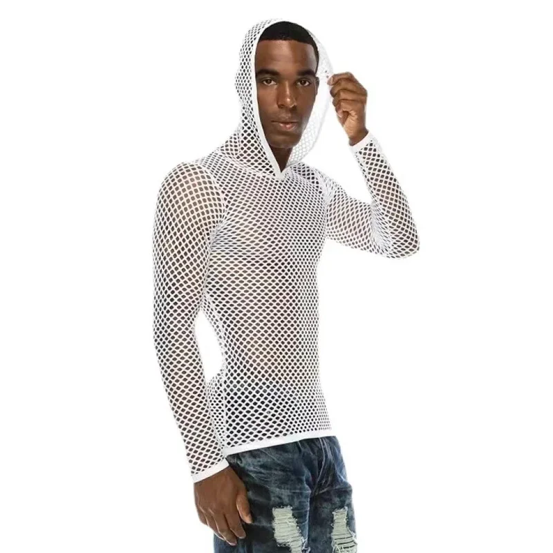 2022 Men T shirt streetwear hoodie men long sleeve fishnet mesh transparent breathable tops sexy underwear fetish nightwear