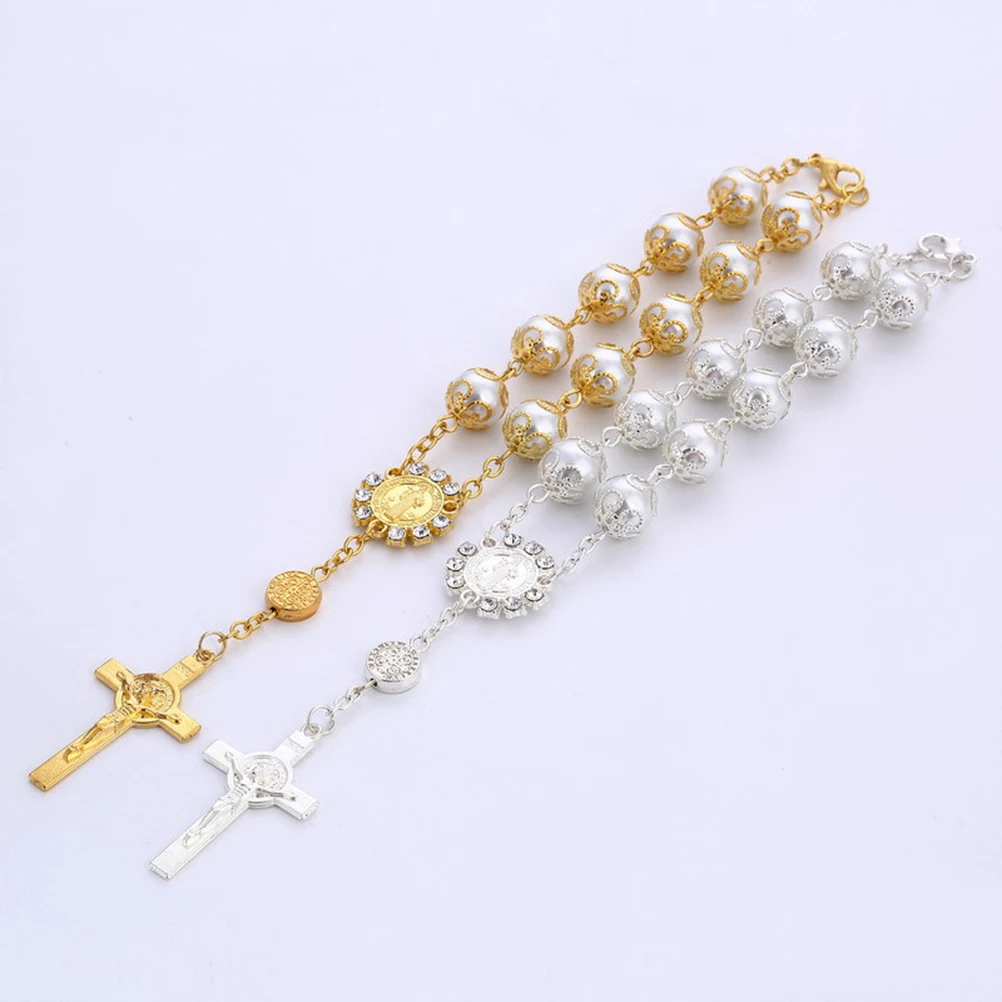 

Rosary Beads Bracelet Christian Jewelry Artificial Cross for Women Golden Pearl