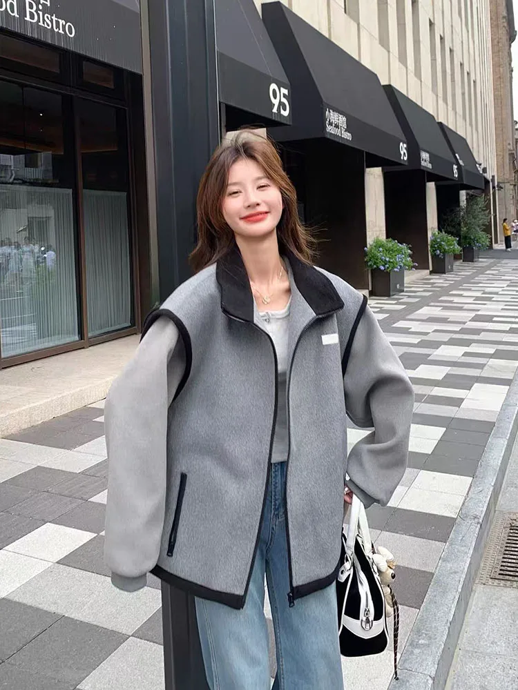 Faux Wool Patchwork Coats for Women Y2K American Loose Casual Zipper Jacket Bf Vintage Streetwear All Match Splicing Outerwear