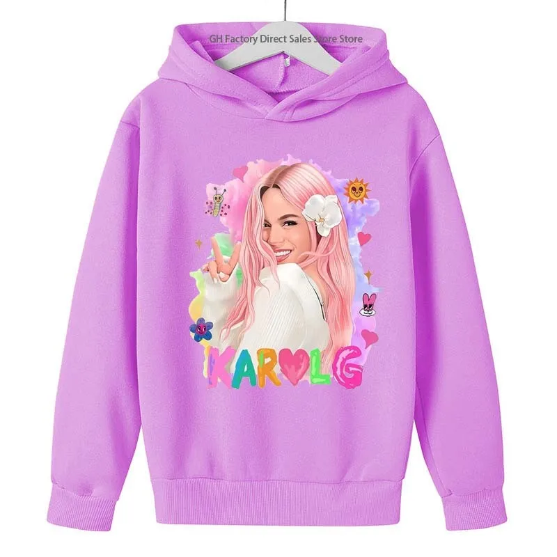 Hot Singer Karol G Print Girls Spring Autumn Casual Pullover Hooodies 2-13 Years Kids Fans Streetwear Children Tops Clothes