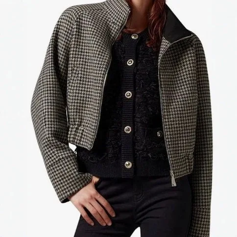 Women's Autumn And Winter CoatsEuropean And American Fashion New Thousand Bird Grid Jacket Long-sleeved Jacket Zipper Skirt Set