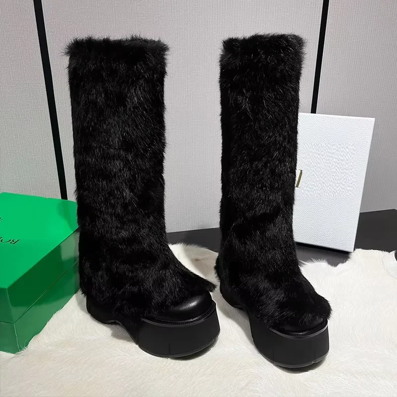 Women's Winter Mid Calf Boots Fur Platforma Snow Boots European Style Slip On Thick Soled Cow Leather Botas Black Warm Boots
