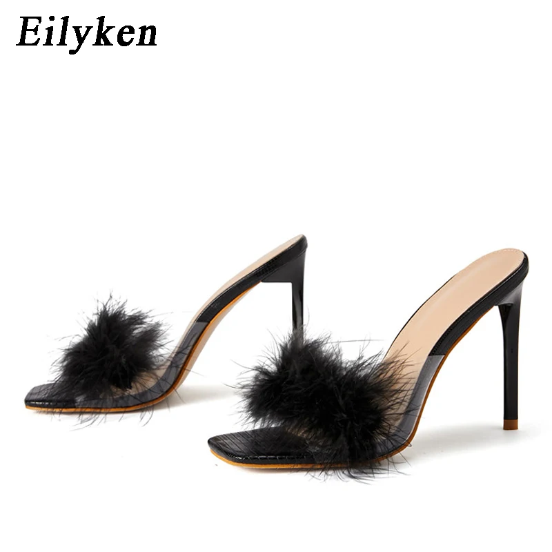 Eilyken PVC Transparent Furry Fur Woman Slippers Fashion Square Toe Stiletto High Heels Sandals 2024 Summer Party Shoes