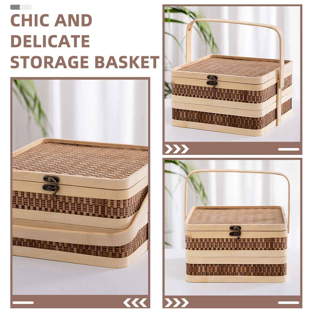 

H Woven Double Layer Bamboo Basket for Fruit Bread Snacks Storage Portable Picnic Woven Vegetable Home Storage Solution Eco